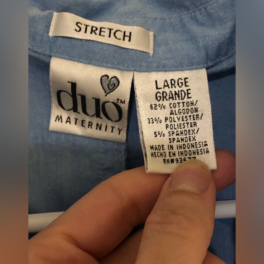 2/$30 Duo Maternity 3/4 Length V Neck Tunic Empire Waist Top Blouse Blue Sz L - Picture 8 of 9